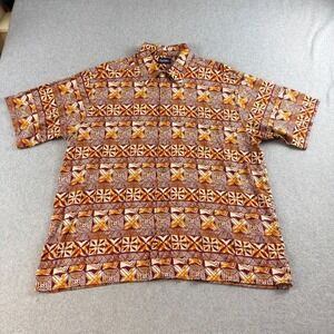 Vintage 90s Puritan Mens XL Rayon Red Geometric Aloha Camp Shirt Made in Korea